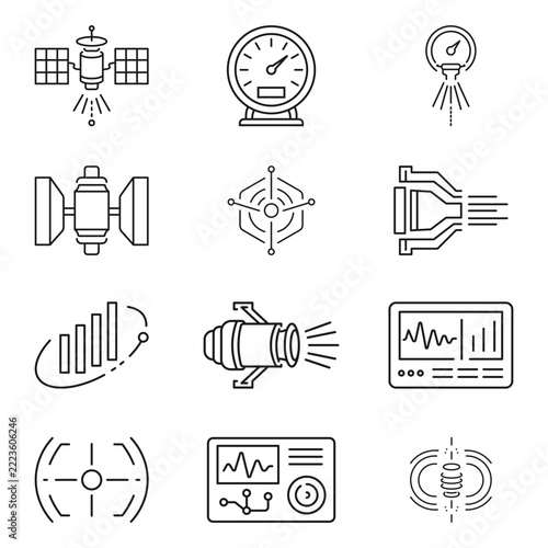 Premium Satellite Electric Propulsion Thrusters And Advanced Ion Engine Telemetry Line Vector Icon Set
