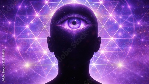 Mystical third eye on human silhouette against sacred geometric background