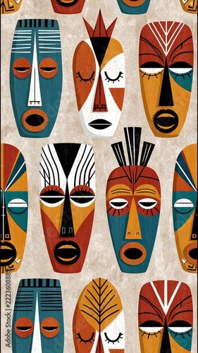  tribal ornament pattern with African ritual masks, wallpaper texture, movement