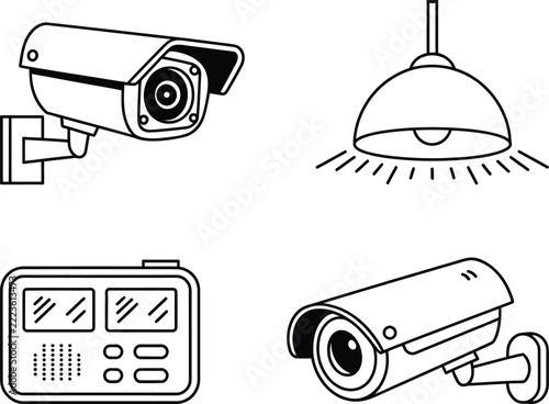 Security camera, smart home, and surveillance system vector icon set for home safety and monitoring concept