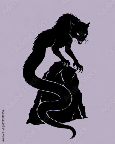 Gothic Shadows in Silhouette — Tatzelwurm, Feline-Headed Serpent Creature Coiling Around a Boulder in Alpine Folklore