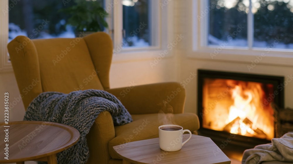 Naklejka premium Cozy winter evening fireplace scene with a plush wingback armchair, a steaming mug of cocoa and a knit throw for relaxation and comfort