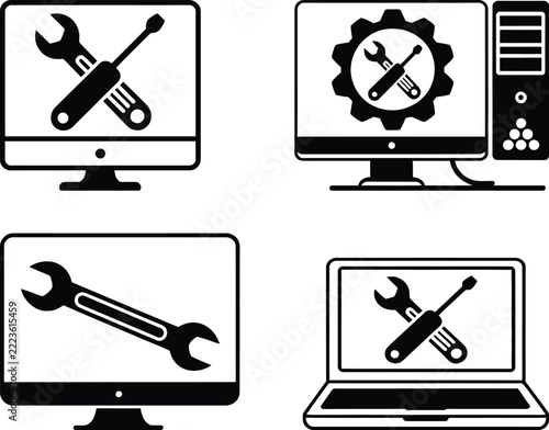 Computer repair service vector icon set for laptop maintenance, hardware fix, and technical support
