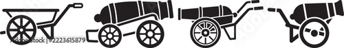 Set of black wheelbarrow, cart, and cannon icons silhouette vector illustration