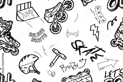 Inline Skate Rollerblading Doodle Seamless Pattern Hand Drawn Black and White Urban Street Sports Background