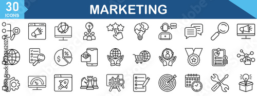 Digital Marketing set of web icons in line style. business, feedback, analytics, ads, communication, content. Editable stroke. Vector illustration.