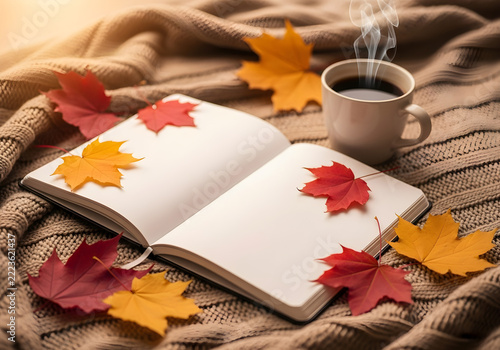 Open notebook on cozy knitted fabric with steaming coffee and autumn maple leaves