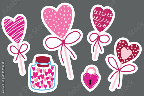 Hand drawn valentines day stickers set. Pink doodle sticker heart shaped lollipop, jar of hearts, heart shaped lock. Stock vector illustration isolated on white background.