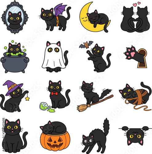 Halloween Black Cat Clipart Set, Cute Spooky Kitten Vector Doodles with Witch Hat, Pumpkin, Ghost Costume, and Magic Cauldron for Autumn Holiday Design