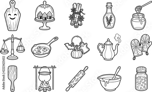 Halloween Baking Clipart Set, Spooky Kitchen Vector Doodles with Cauldron, Bat Rolling Pin, Cookie Cutters, and Oven Mitts