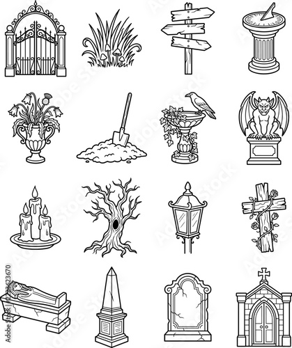 Halloween Cemetery Clipart Set, Spooky Gothic Graveyard Vector Doodles with Tombstone, Gargoyle, Raven, Crypt, and Mausoleum Icons