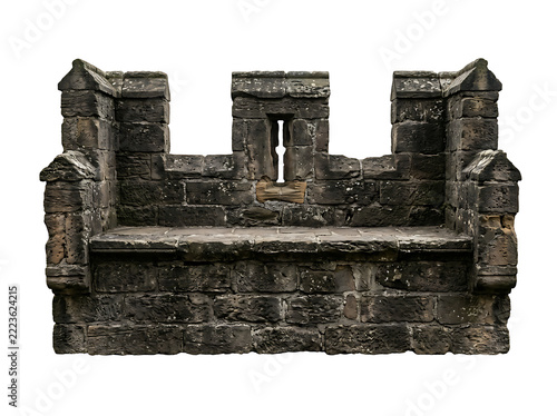 Stone seat or bench shaped like a medieval castle battlement, isolated on transparent background