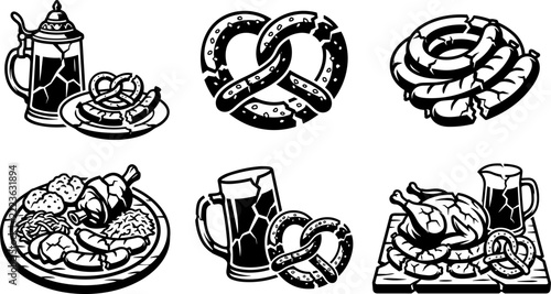 Black and white vector icons of traditional bavarian food and drink