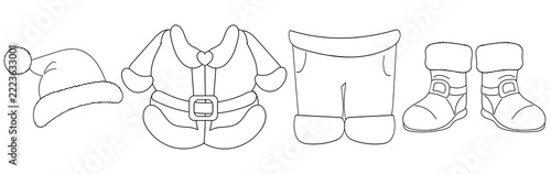 Set of Santa Claus clothing items in line art: hat, jacket, pants, and boots for creating Christmas characters, compositions, and illustrations