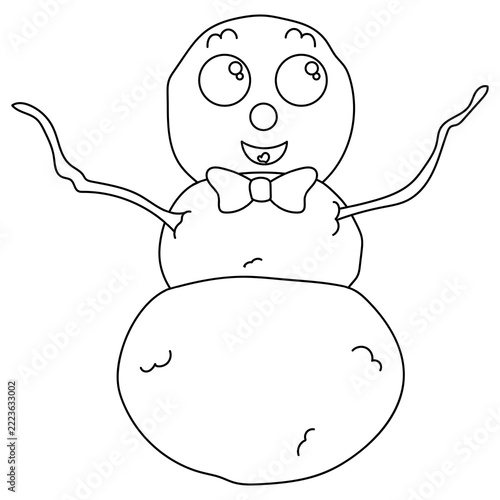 Smiling snowman in line art illustration, a winter character for cards, children’s stories, and Christmas designs