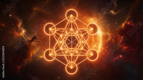Glowing geometric pattern in cosmic space with fiery nebula background