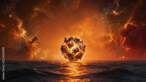 Geometric shape floating in fiery sky over water at sunset