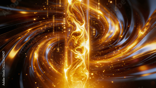 Abstract golden light swirls with dynamic patterns and glowing particles