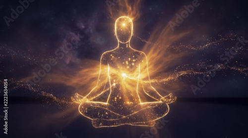 Glowing silhouette in cosmic meditation with energy aura
