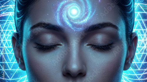 Mystical cosmic eye: female's mind explores galaxy with closed eyes and radiant blue spiral
