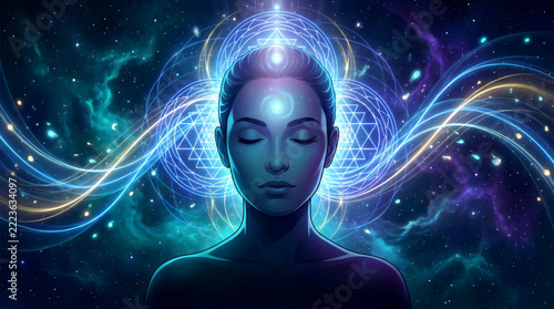Mystical meditation: woman connecting with cosmic energy in celestial space