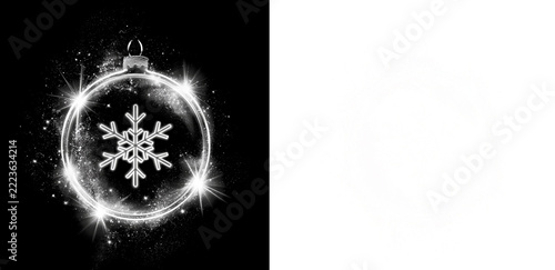 Bright snowflake in a glowing neon ring Christmas ornament with sparkle dust on black and transparent background