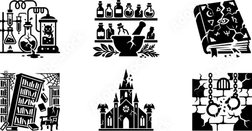 A set of black and white vector icons representing dark fantasy, alchemy, magic, and haunted locations a