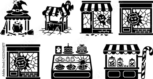A collection of halloween icons featuring witch, cauldron, haunted houses, ghost, monster, and bakery items