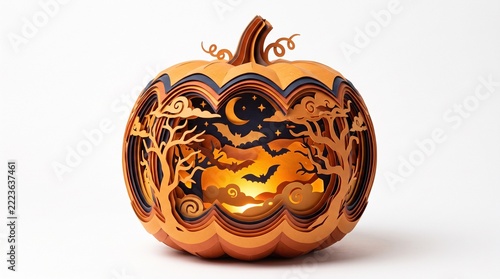 Illuminated papercraft pumpkin with layered halloween scene of bats