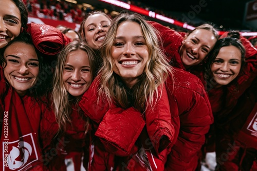 Group of young women in red winter jackets smiling happily together in a crowded stadium crowd