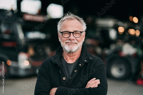 Mature senior male trucker wearing glasses and black sweater standing outdoors near trucks