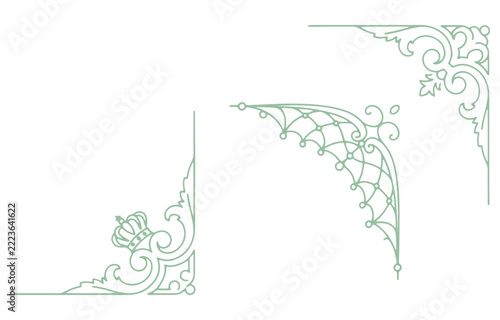 Light Green Vintage Calligraphic Corner Frames with Crown Vector Set, Elegant Flourish Border Collection