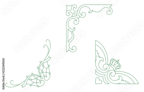 Light Green Vintage Calligraphic Corner Frames with Crown Vector Set, Elegant Flourish Border Collection