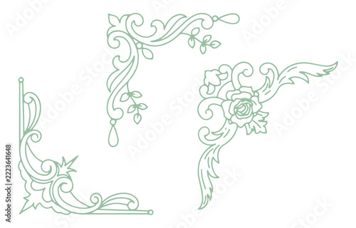 Light Green Vintage Calligraphic Corner Frames and Rose Floral Vector Set, Elegant Flourish Border Collection
