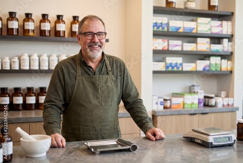 Friendly male pharmacist with glasses behind a high-end pharmacy counter