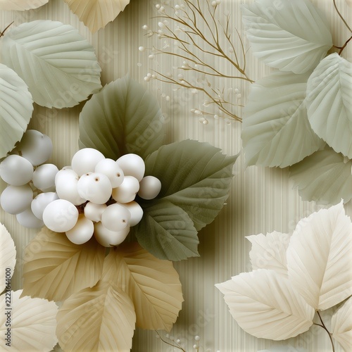 This design features small pale leaves, twigs, and tiny berries arranged in soft colors SEAMLESS PATTERN