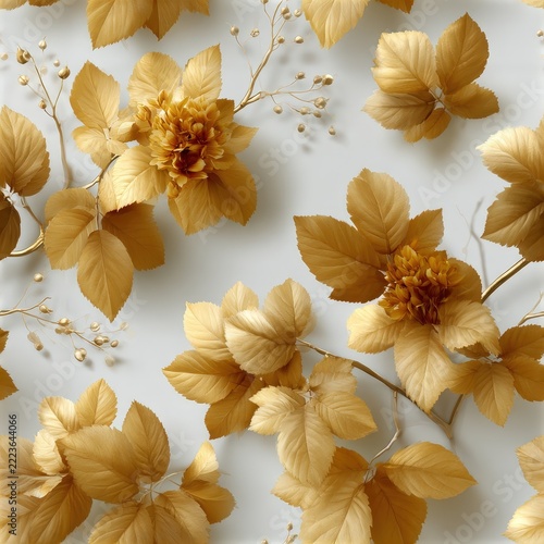 This design features large golden leaves and subtle seed pods on a warm ivory background, creating an elegant autumn feel SEAMLESS PATTERN