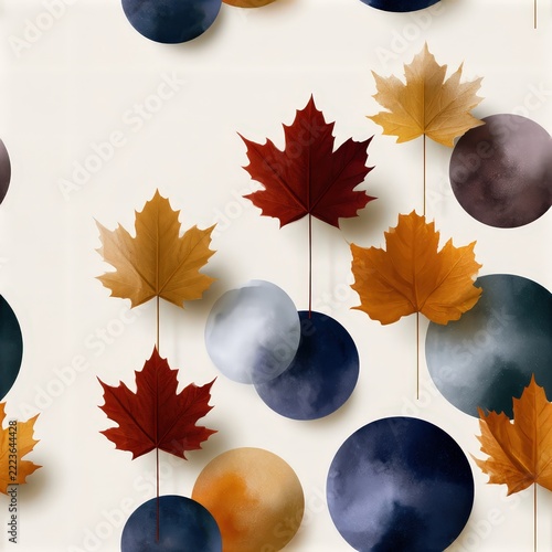 This design features oversized abstract maple leaves with geometric shapes on a warm beige background SEAMLESS PATTERN