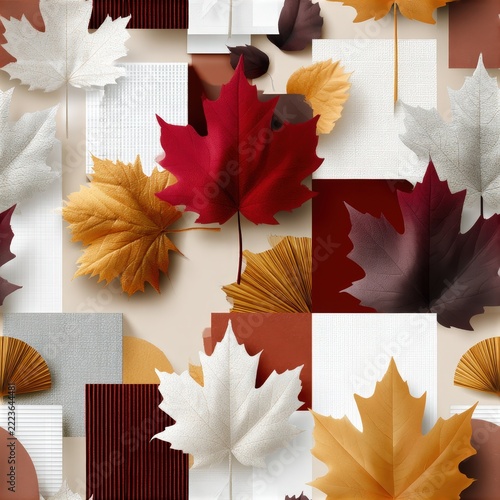 Bold oversized maple leaves blend with simple shapes on a warm beige background, creating a stylish autumn design SEAMLESS PATTERN
