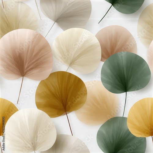 This pattern displays painted leaves in fall colors on a warm white background SEAMLESS PATTERN