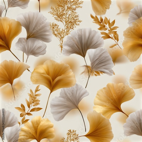 This background features scattered pale golden ginkgo leaves and delicate elements across a soft beige canvas SEAMLESS PATTERN