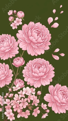 Soft pastel peonies with delicate petal texture and subtle watercolor brushstrokes on green