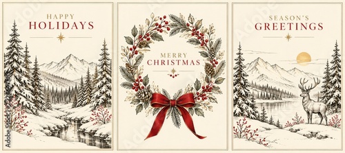 Minimalist Holiday Card Set with Winter Landscapes and Botanical Wreath