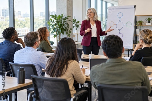 Experienced business trainer presenting ideas to employees in a modern traini...