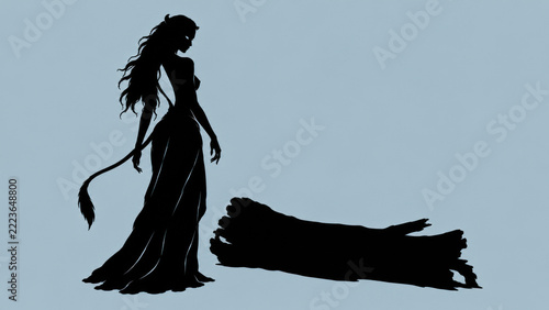 Gothic Shadows in Silhouette — Huldra, Enigmatic Scandinavian Forest Woman with a Cow-Like Tail Beside a Fallen Tree