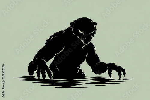 Gothic Shadows in Silhouette — Bunyip, Mysterious Australian Swamp Cryptid Rising from the Water in a Dramatic Pose