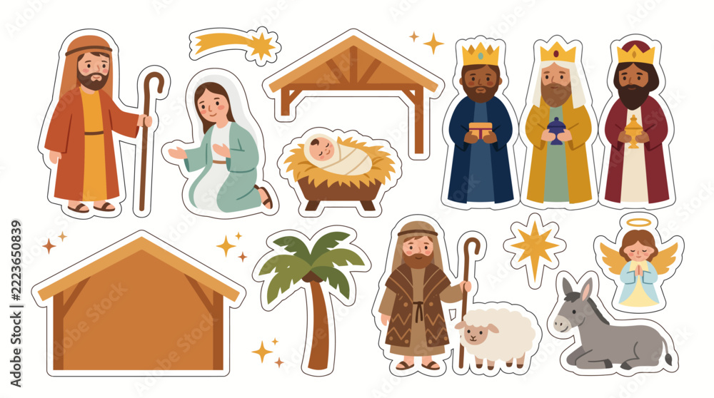 Naklejka premium Nativity sticker sheet with Joseph, Mary, baby in manger, wise men with gifts, shepherd with sheep, angel, donkey, palm tree, stable and shining stars in warm earthy colors.