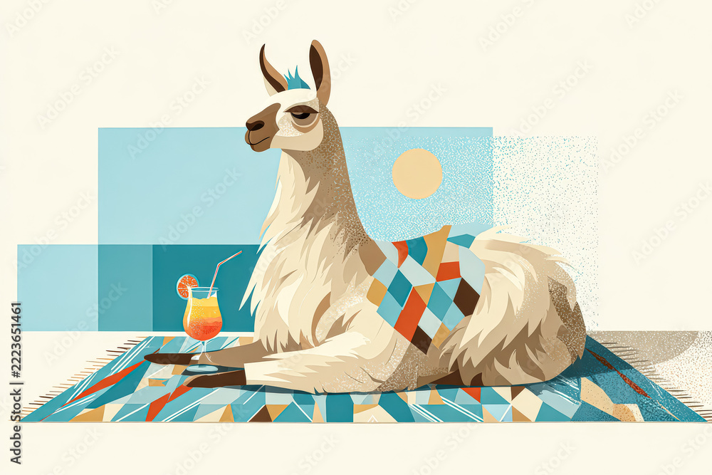 Fototapeta premium A whimsical illustration of a llama lounging on a patterned rug with a tropical drink nearby, set against a geometric background.