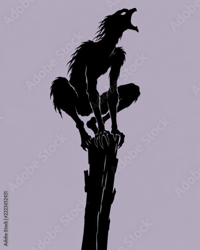 Gothic Shadows in Silhouette — Drekavac, Shriek-Mouthed Serbian Night Creature Crouching on a Crooked Wooden Post