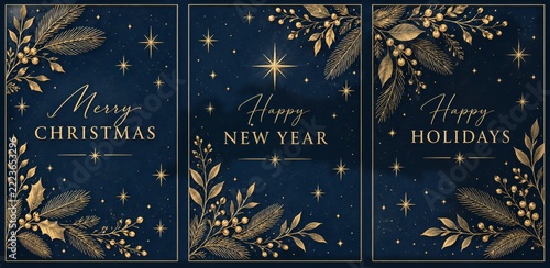 Navy Holiday Greeting Cards with Golden Stars and Botanical Branches